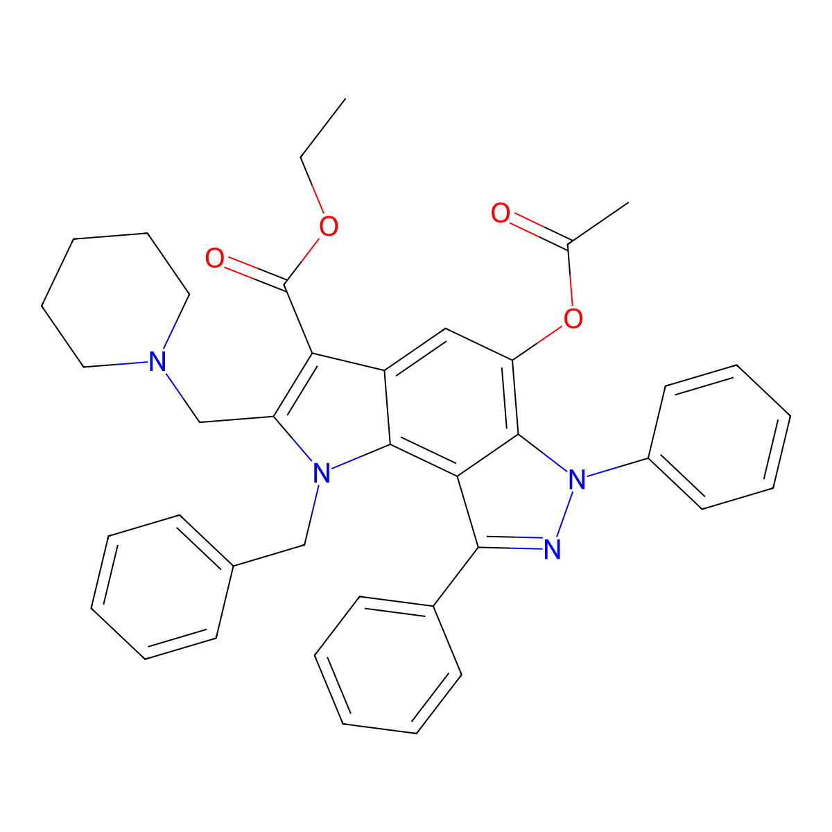 Ethyl 5-acetyloxy-1-benzyl-6,8-diphenyl-2-(piperidin-1-ylmethyl)pyrrolo[2,3-e]indazole-3-carboxylate molecular structure, CAS 371947-04-5