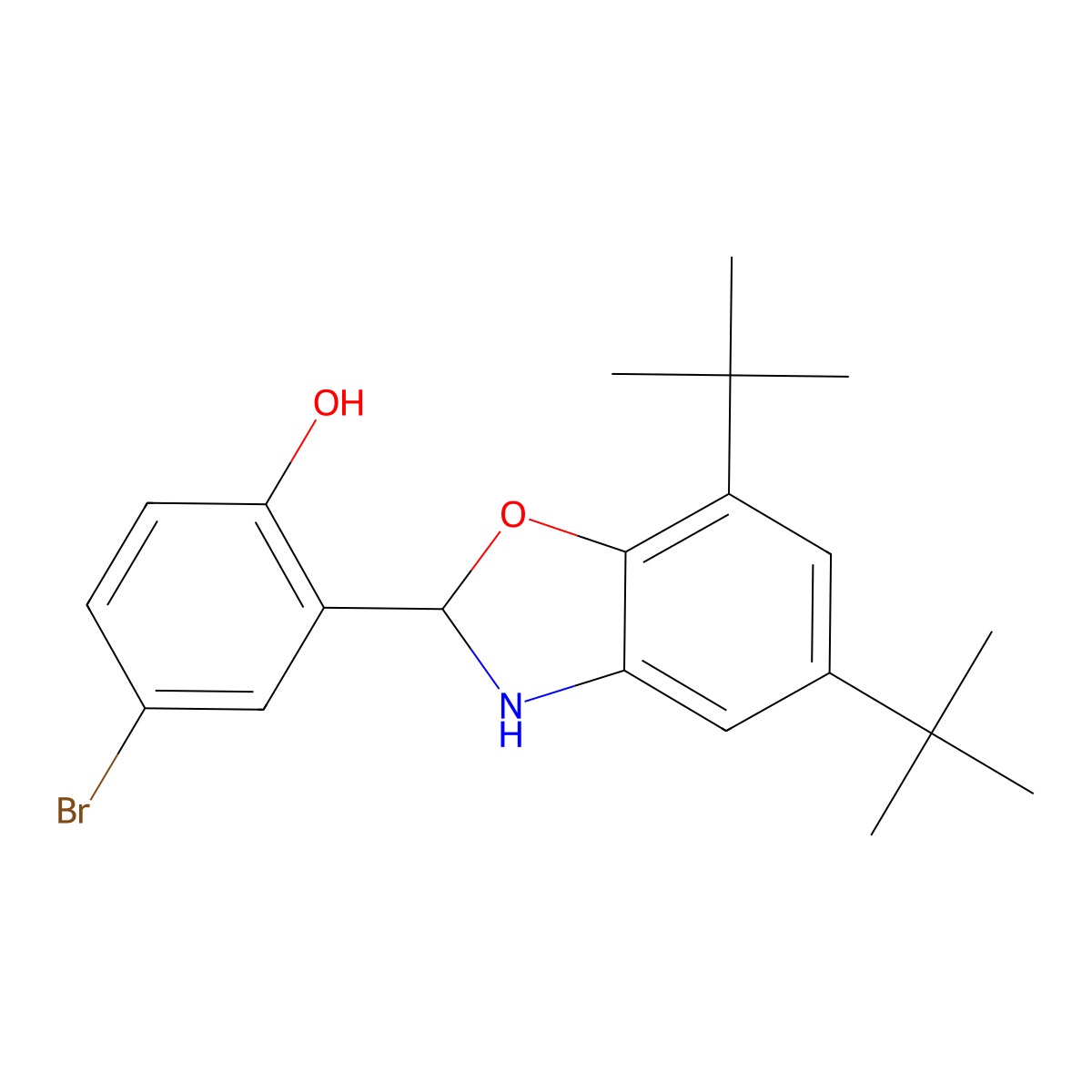 4-Bromo-2-(5,7-ditert-butyl-2,3-dihydro-1,3-benzoxazol-2-yl)phenol molecular structure, CAS 371947-08-9