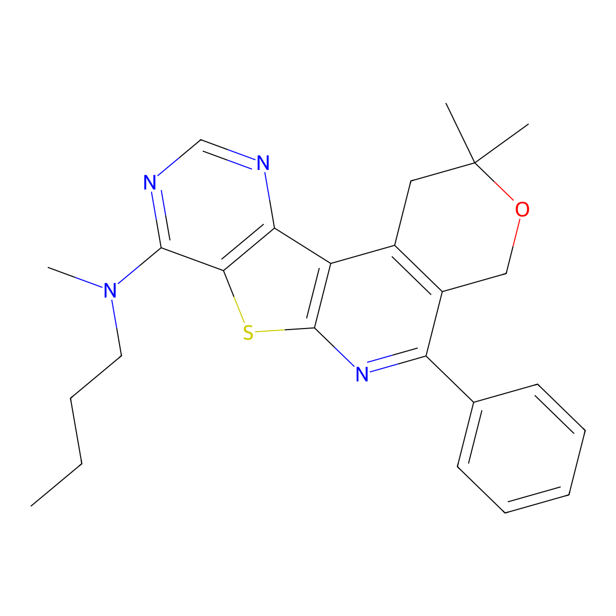 N-butyl-N,2,2-trimethyl-5-phenyl-2,4-dihydro-1H-pyrano[4'',3'':4',5']pyrido[3',2':4,5]thieno[3,2-d]pyrimidin-8-amine molecular structure, CAS 371953-74-1