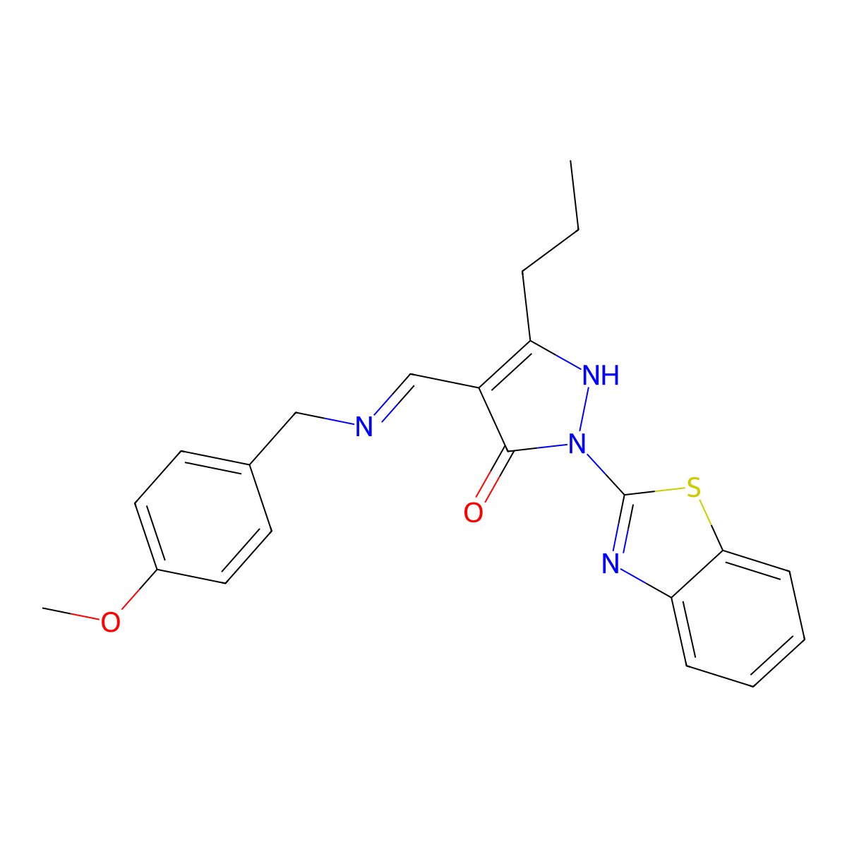 2-(1,3-benzothiazol-2-yl)-4-{[(4-methoxybenzyl)imino]methyl}-5-propyl-1,2-dihydro-3H-pyrazol-3-one molecular structure, CAS 371954-79-9