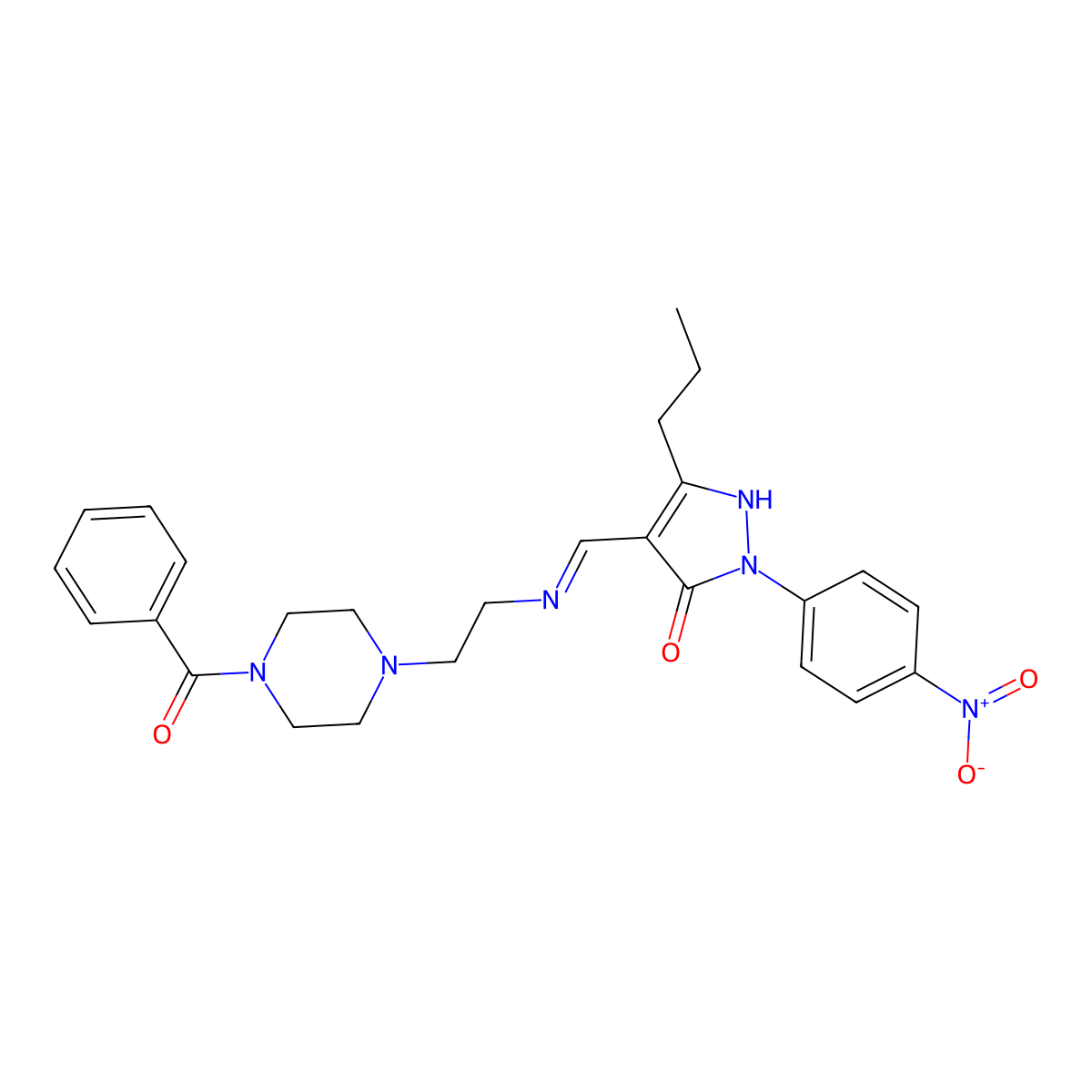 (4E)-4-[[2-(4-benzoylpiperazin-1-yl)ethylamino]methylidene]-2-(4-nitrophenyl)-5-propylpyrazol-3-one molecular structure, CAS 371955-38-3