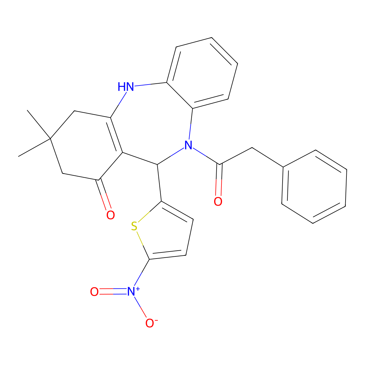 9,9-Dimethyl-6-(5-nitrothiophen-2-yl)-5-(2-phenylacetyl)-6,8,10,11-tetrahydrobenzo[b][1,4]benzodiazepin-7-one molecular structure, CAS 371955-75-8