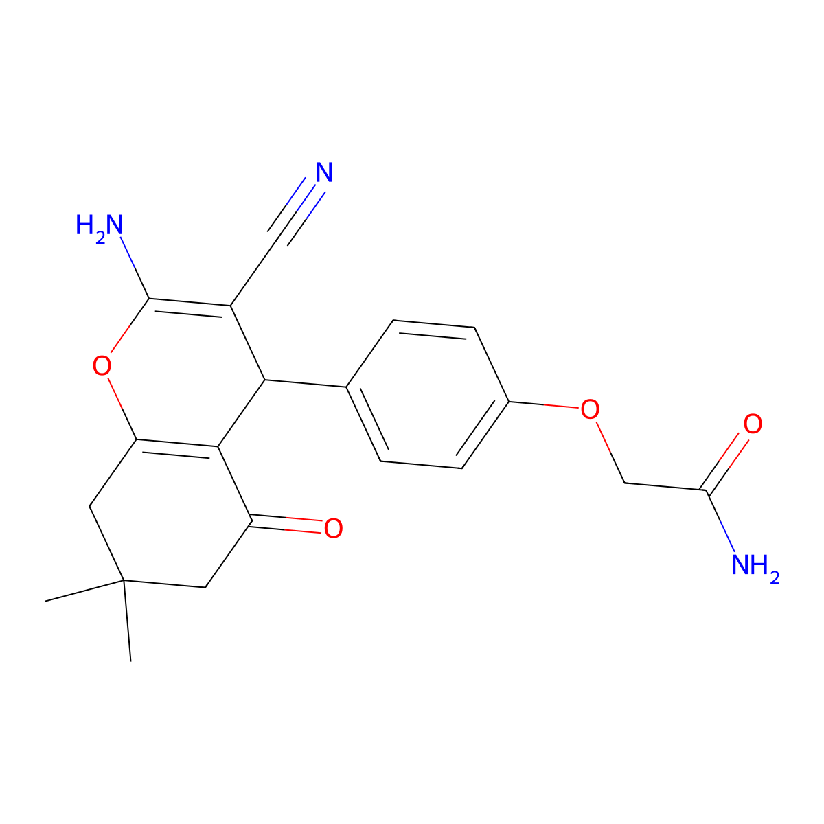 2-[4-(2-amino-3-cyano-7,7-dimethyl-5-oxo-6,8-dihydro-4H-chromen-4-yl)phenoxy]acetamide molecular structure, CAS 371956-62-6