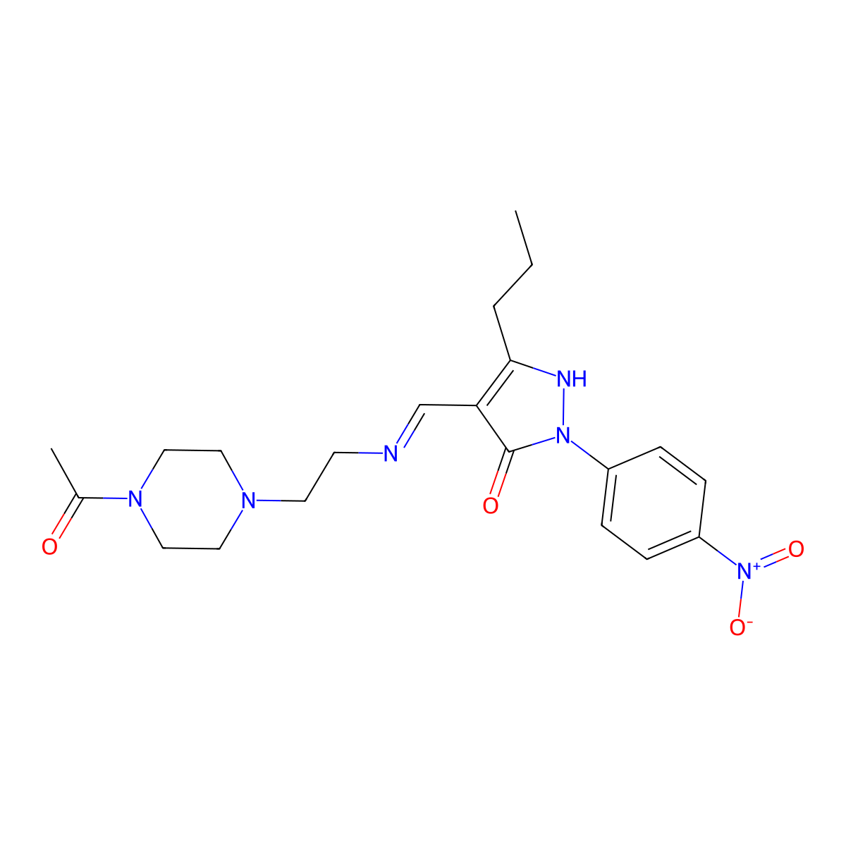 (4E)-4-[[2-(4-acetylpiperazin-1-yl)ethylamino]methylidene]-2-(4-nitrophenyl)-5-propylpyrazol-3-one molecular structure, CAS 371956-84-2