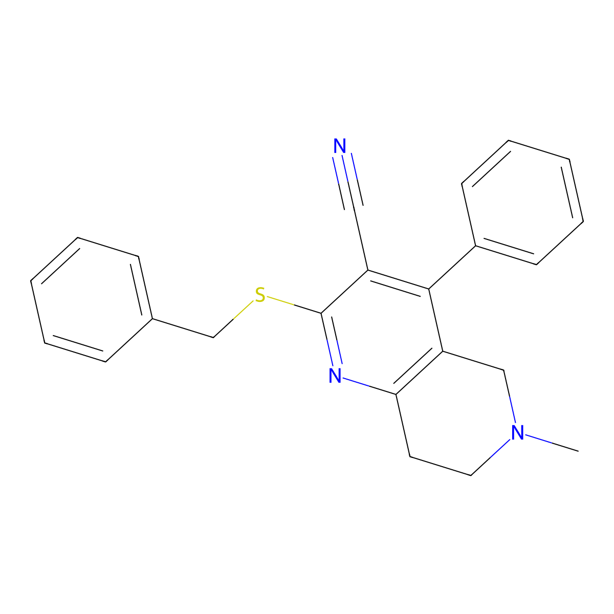 2-benzylsulfanyl-6-methyl-4-phenyl-7,8-dihydro-5H-1,6-naphthyridine-3-carbonitrile molecular structure, CAS 371956-89-7