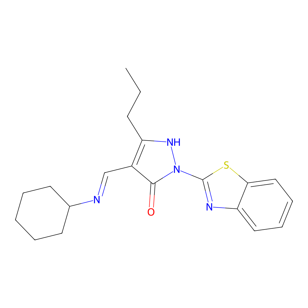 (4E)-2-(1,3-benzothiazol-2-yl)-4-[(cyclohexylamino)methylidene]-5-propylpyrazol-3-one molecular structure, CAS 371957-57-2