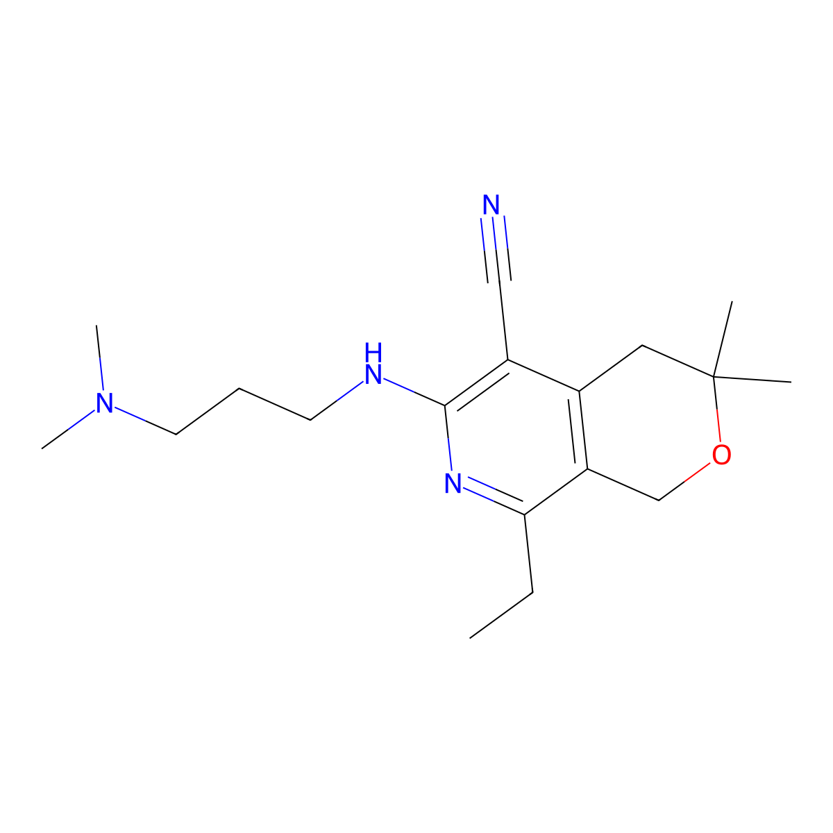 6-[3-(Dimethylamino)propylamino]-8-ethyl-3,3-dimethyl-1,4-dihydropyrano[3,4-c]pyridine-5-carbonitrile molecular structure, CAS 371960-54-2