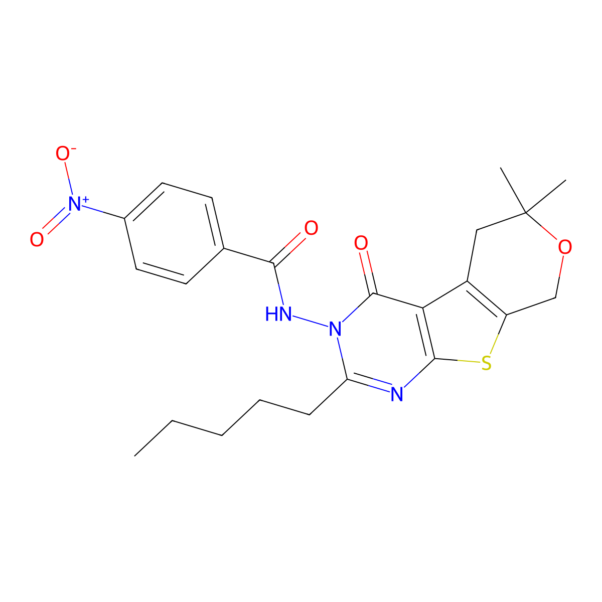 N-(6,6-Dimethyl-4-oxo-2-pentyl-5,8-dihydro-4H,6H-pyrano[4',3':4,5]thieno[2,3-d]pyrimidin-3-yl)-4-nitro-benzamide molecular structure, CAS 372084-31-6
