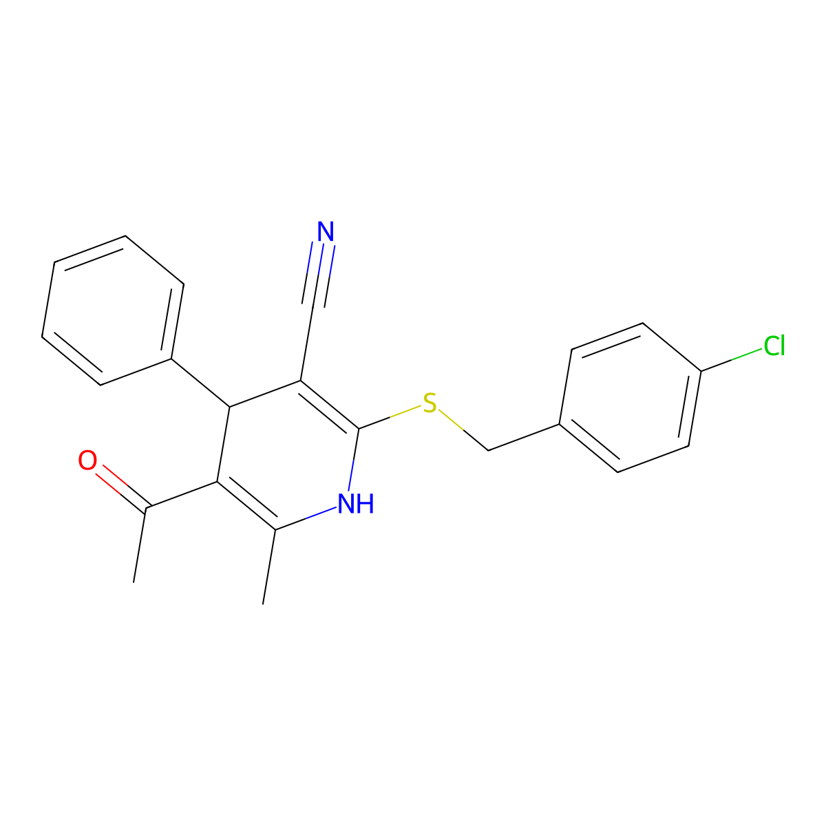 5-Acetyl-2-[(4-chlorophenyl)methylsulfanyl]-6-methyl-4-phenyl-1,4-dihydropyridine-3-carbonitrile molecular structure, CAS 372084-68-9
