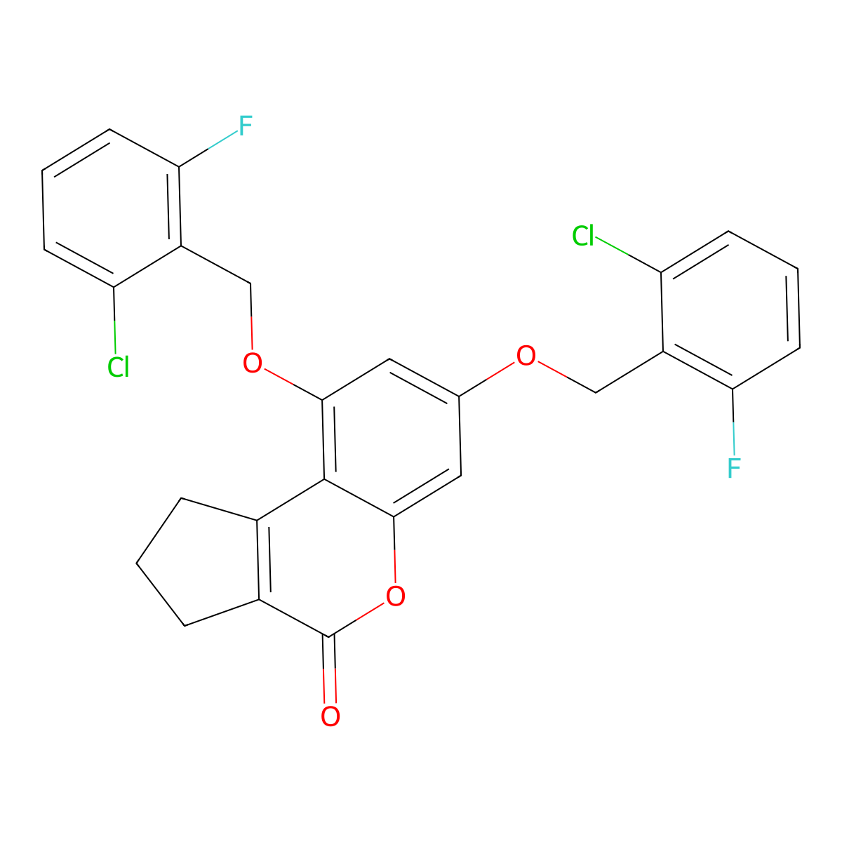 7,9-Bis((2-chloro-6-fluorobenzyl)oxy)-2,3-dihydrocyclopenta(C)chromen-4(1H)-one molecular structure, CAS 372084-88-3