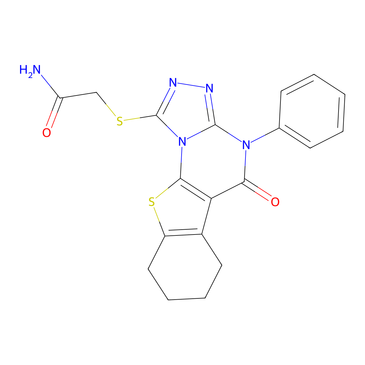 2-((5-Oxo-4-phenyl-4,5,6,7,8,9-hexahydrobenzo[4,5]thieno[3,2-e][1,2,4]triazolo[4,3-a]pyrimidin-1-yl)thio)acetamide molecular structure, CAS 372085-13-7