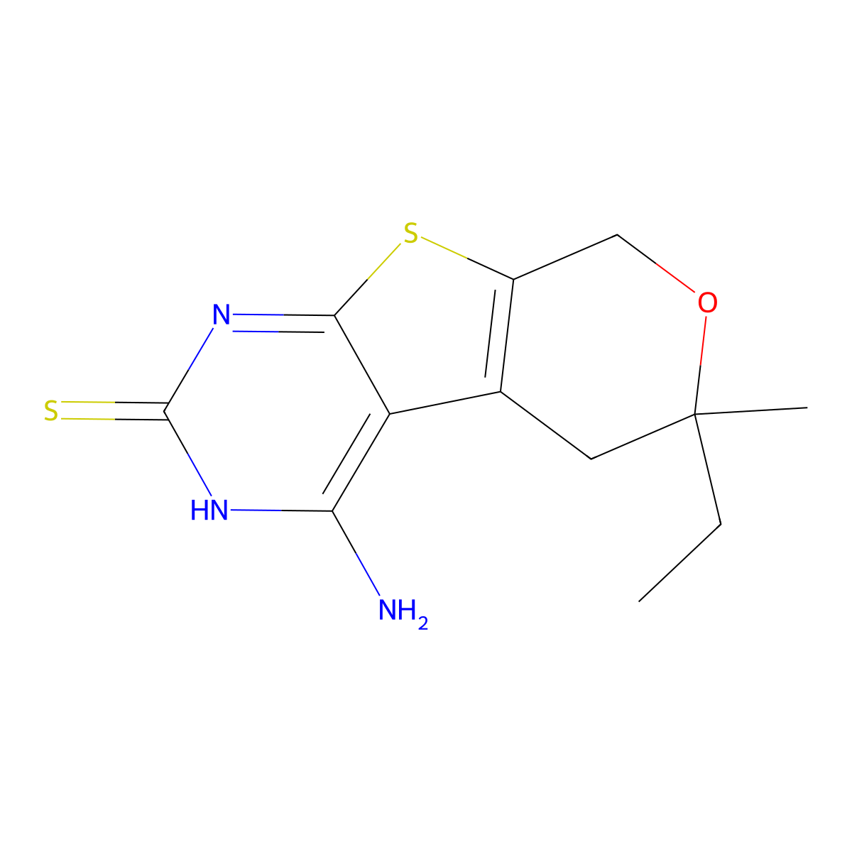 4-amino-6-ethyl-6-methyl-5,8-dihydro-6H-pyrano[4',3':4,5]thieno[2,3-d]pyrimidine-2-thiol molecular structure, CAS 372086-57-2