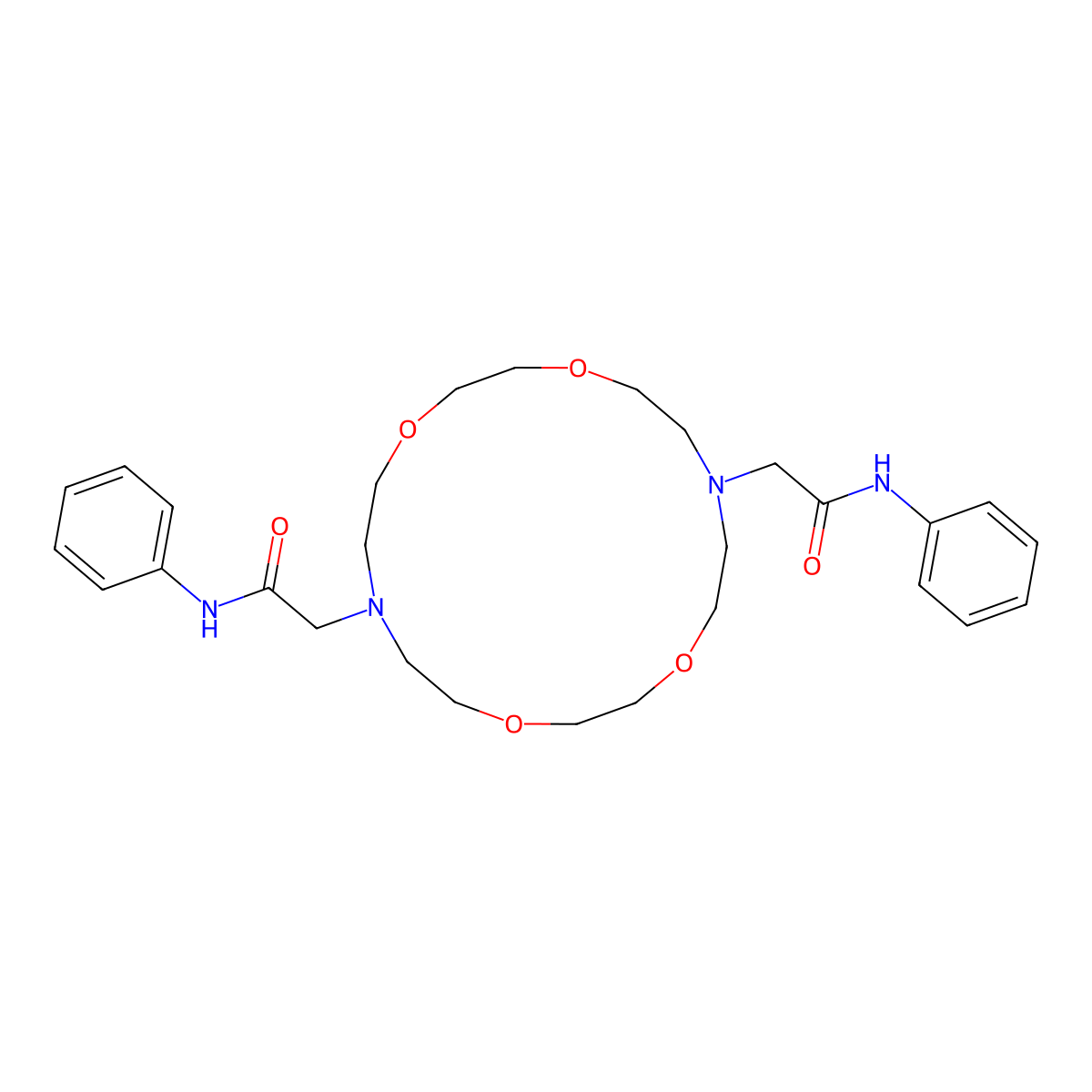 2,2'-(1,4,10,13-tetraoxa-7,16-diazacyclooctadecane-7,16-diyl)bis(N-phenylacetamide) molecular structure, CAS 372087-24-6