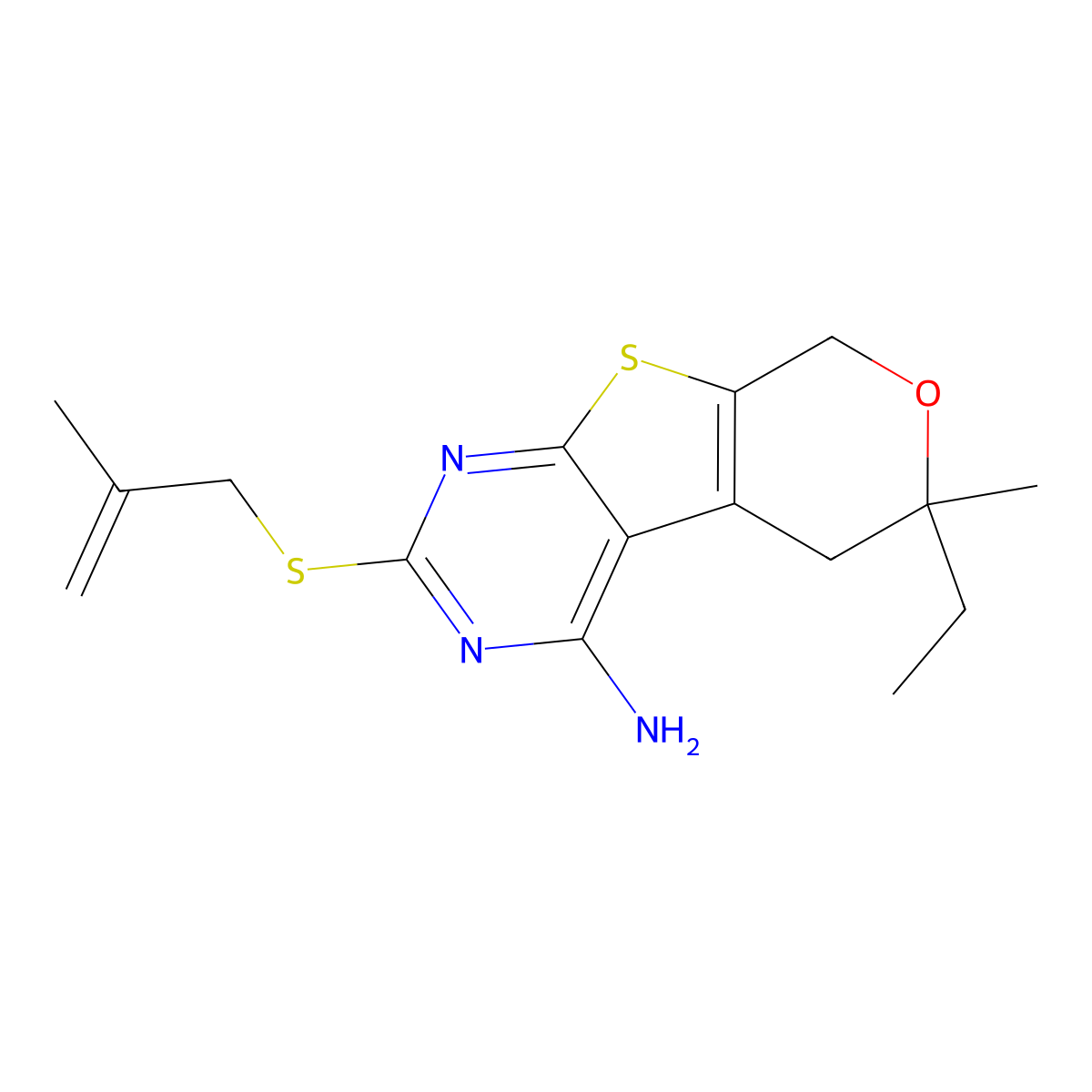 6-Ethyl-6-methyl-2-(2-methylprop-2-enylsulfanyl)-5,8-dihydropyrano[4,5]thieno[1,2-c]pyrimidin-4-amine molecular structure, CAS 372091-22-0