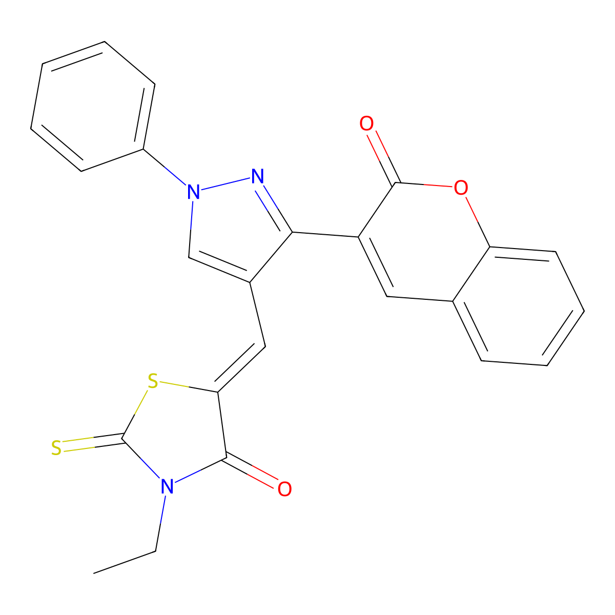 3-Ethyl-5-[[3-(2-oxochromen-3-yl)-1-phenylpyrazol-4-yl]methylidene]-2-sulfanylidene-1,3-thiazolidin-4-one molecular structure, CAS 372098-14-1