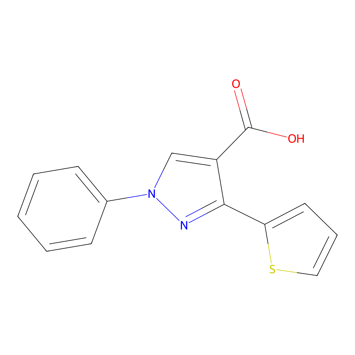 1-phenyl-3-(thiophen-2-yl)-1H-pyrazole-4-carboxylic acid molecular structure, CAS 372107-08-9