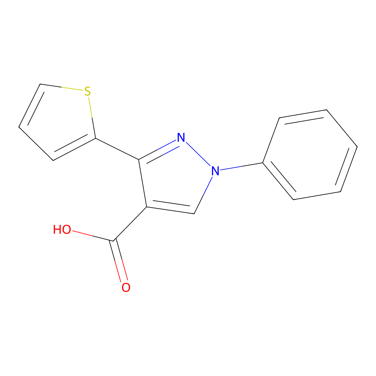 1-phenyl-3-(thiophen-2-yl)-1H-pyrazole-4-carboxylic acid molecular structure, CAS 372107-08-9