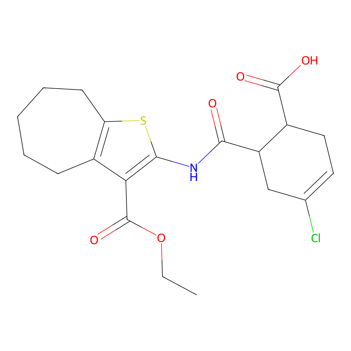4-chloro-6-[(3-ethoxycarbonyl-5,6,7,8-tetrahydro-4H-cyclohepta[b]thiophen-2-yl)carbamoyl]cyclohex-3-ene-1-carboxylic acid molecular structure, CAS 372152-29-9