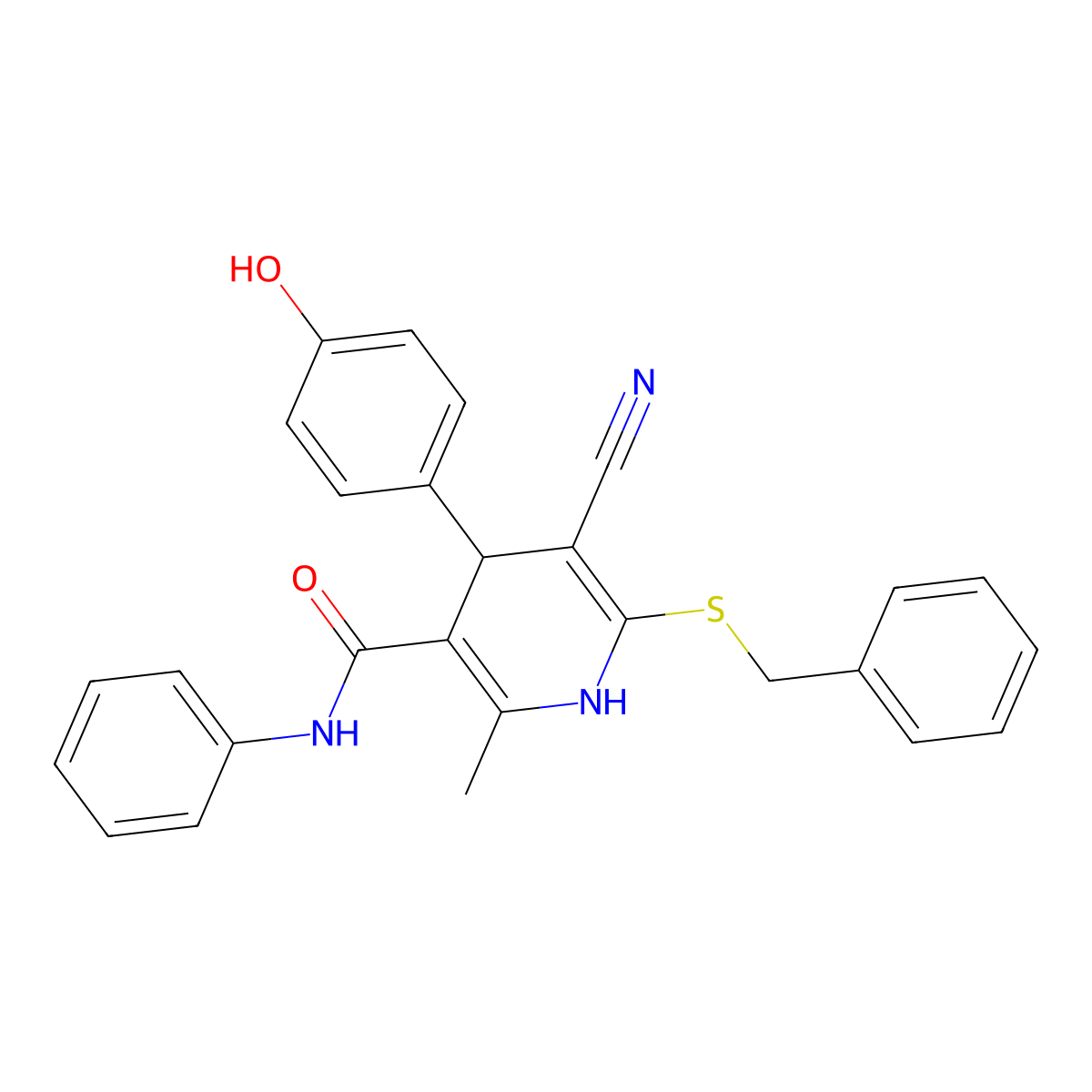 6-benzylsulfanyl-5-cyano-4-(4-hydroxyphenyl)-2-methyl-N-phenyl-1,4-dihydropyridine-3-carboxamide molecular structure, CAS 372154-47-7