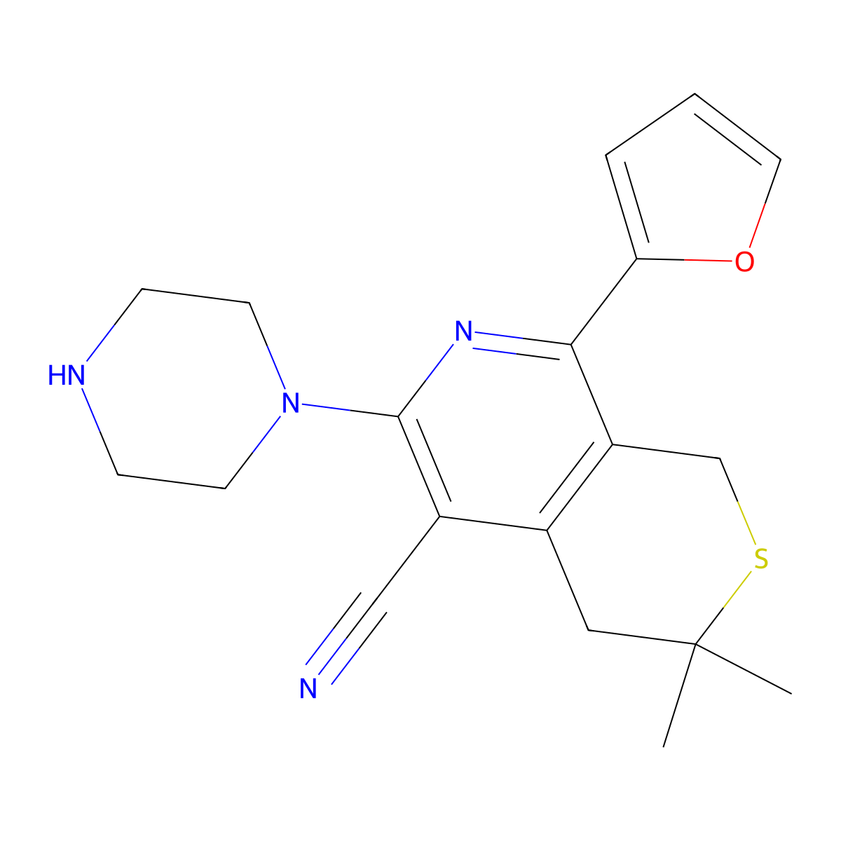 8-(Furan-2-yl)-3,3-dimethyl-6-piperazin-1-yl-1,4-dihydrothiopyrano[3,4-c]pyridine-5-carbonitrile molecular structure, CAS 372154-78-4