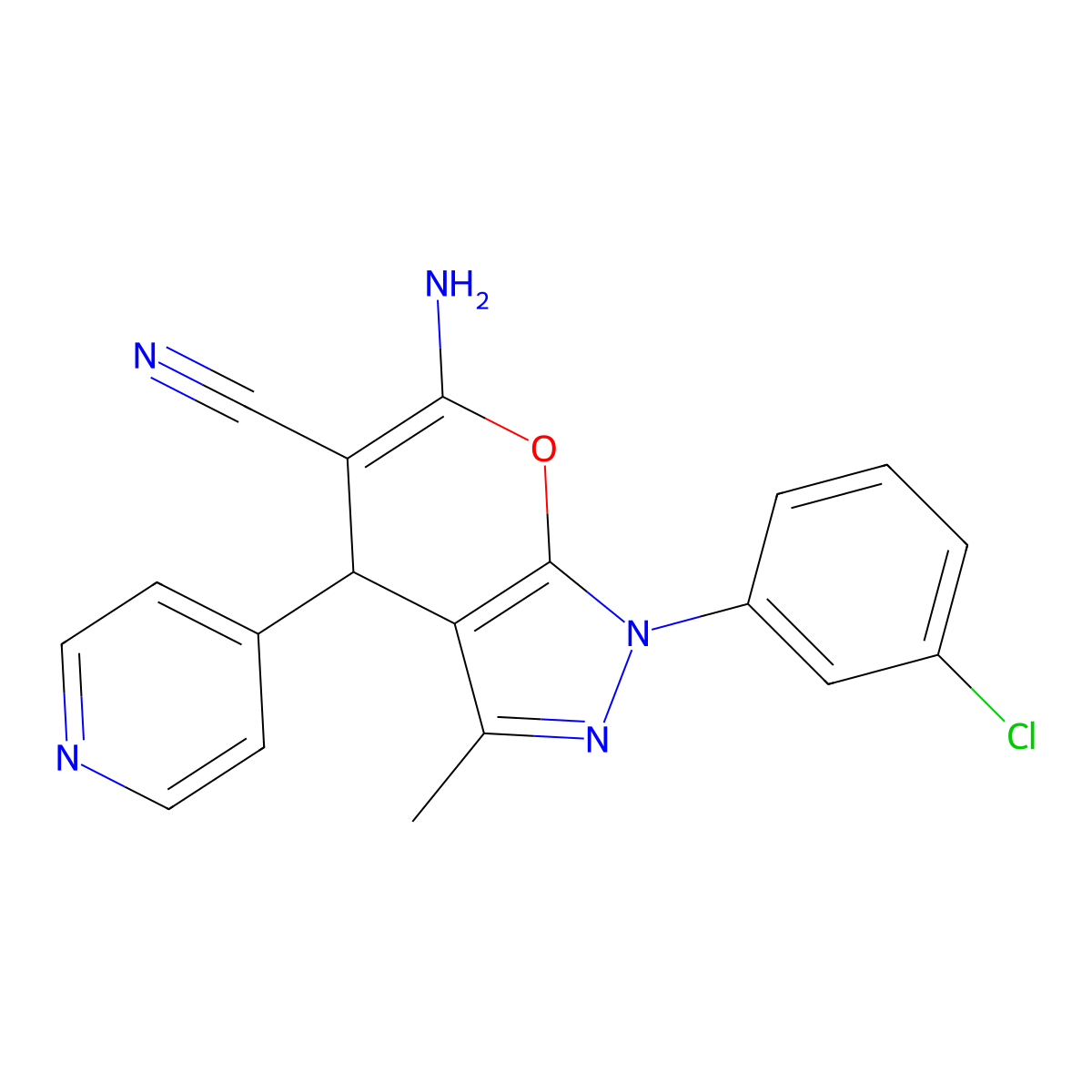 6-Amino-1-(3-chlorophenyl)-3-methyl-4-(4-pyridinyl)-1,4-dihydropyrano[2,3-c]pyrazole-5-carbonitrile molecular structure, CAS 372155-29-8