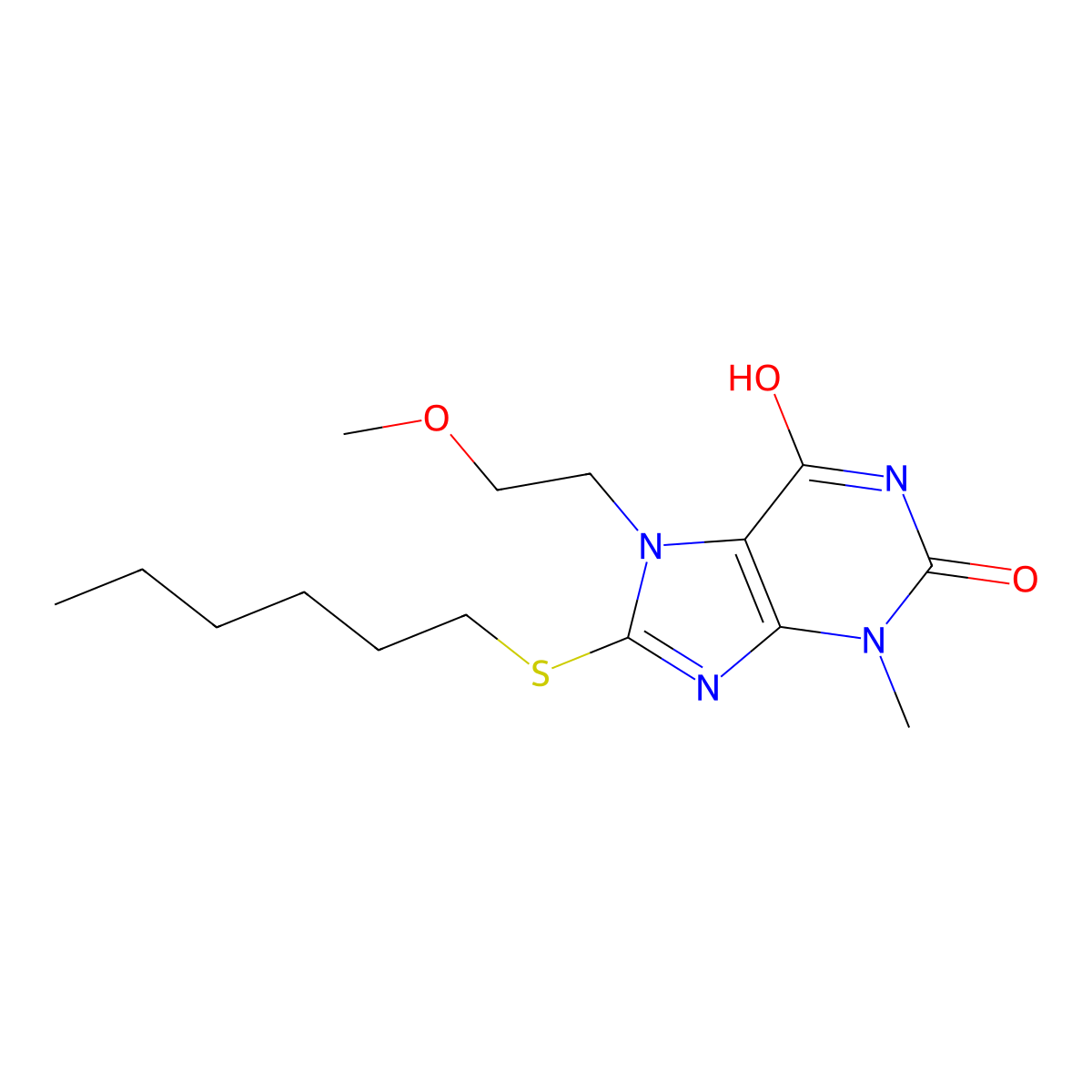 8-Hexylsulfanyl-7-(2-methoxyethyl)-3-methylpurine-2,6-dione molecular structure, CAS 372155-32-3