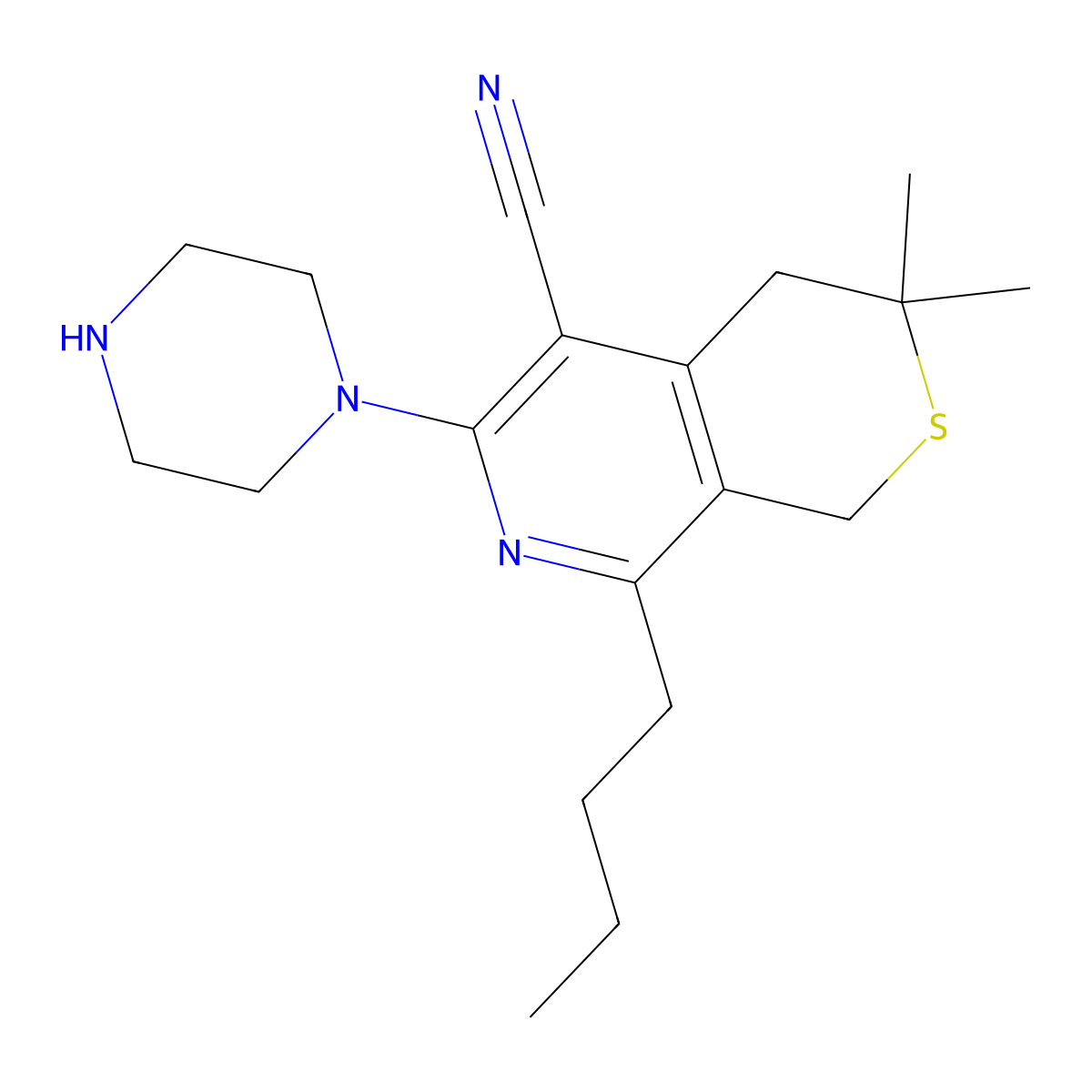 8-Butyl-3,4-dihydro-3,3-dimethyl-6-(1-piperazinyl)-1H-thiopyrano[3,4-c]pyridine-5-carbonitrile molecular structure, CAS 372157-03-4