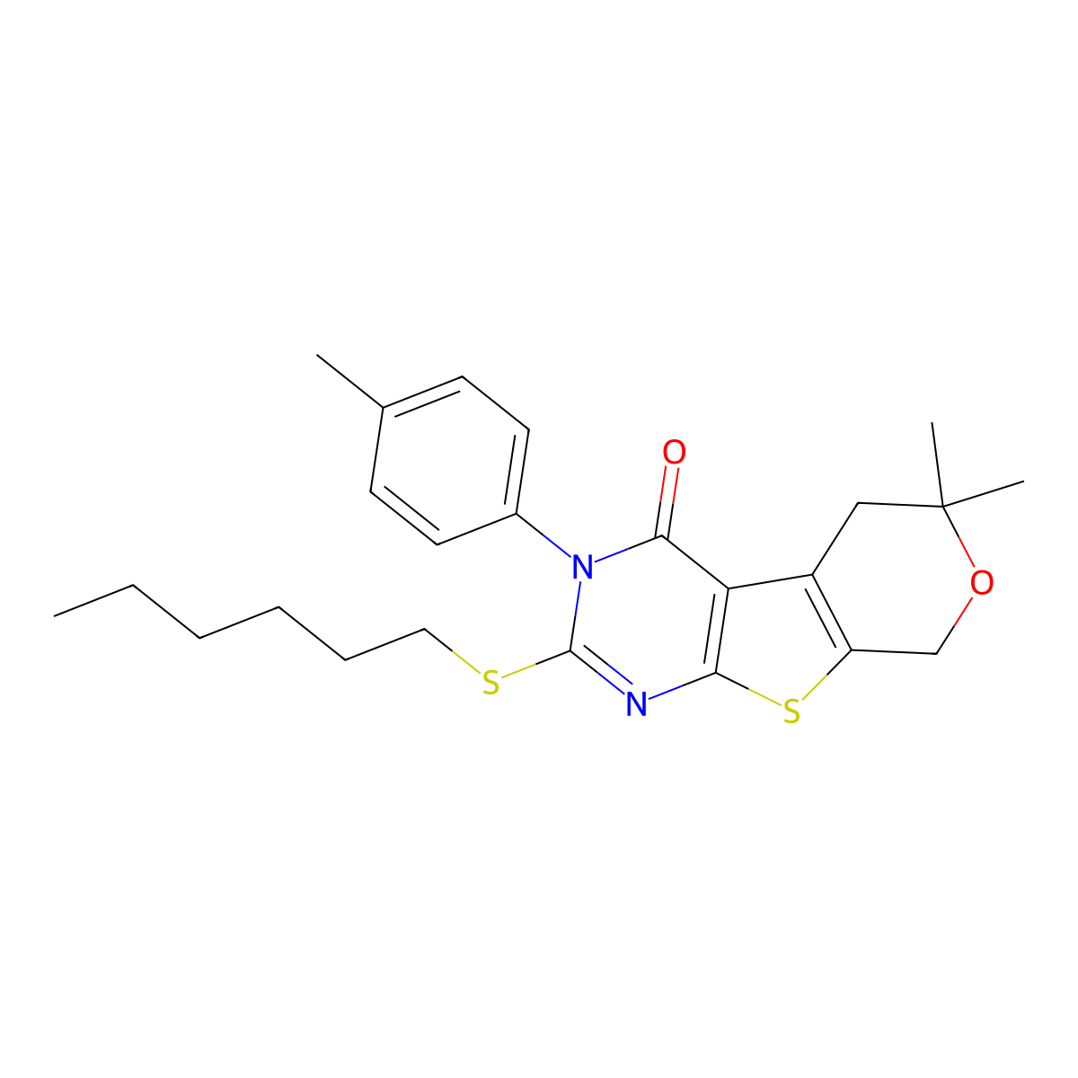 2-(hexylsulfanyl)-6,6-dimethyl-3-(4-methylphenyl)-3,5,6,8-tetrahydro-4H-pyrano[4',3':4,5]thieno[2,3-d]pyrimidin-4-one molecular structure, CAS 372171-85-2