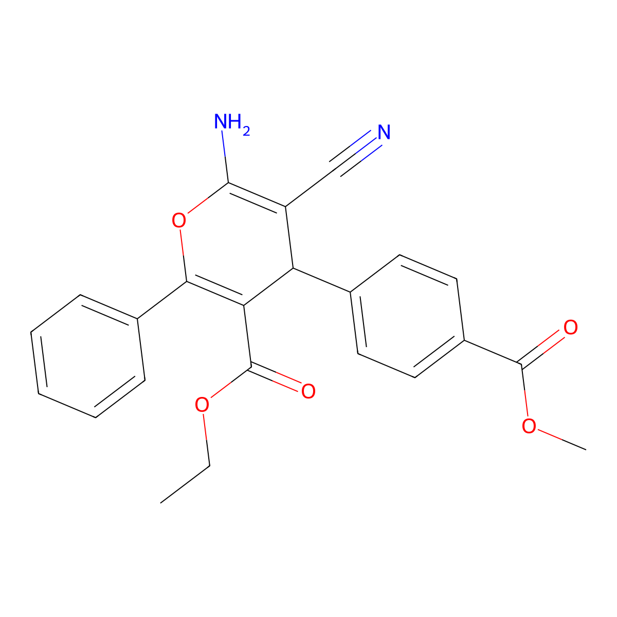 ethyl 6-amino-5-cyano-4-[4-(methoxycarbonyl)phenyl]-2-phenyl-4H-pyran-3-carboxylate molecular structure, CAS 372173-68-7