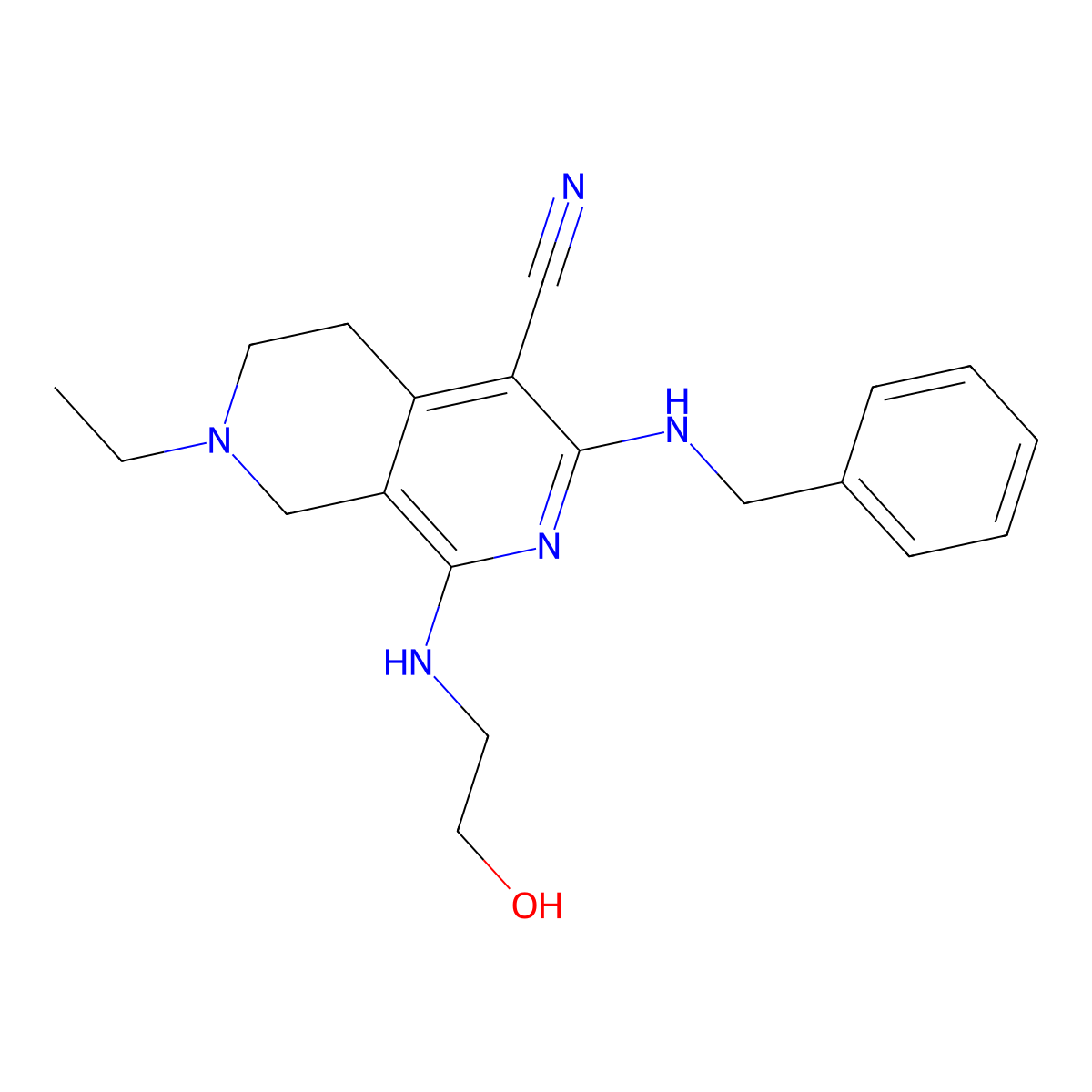 3-(benzylamino)-7-ethyl-1-(2-hydroxyethylamino)-6,8-dihydro-5H-2,7-naphthyridine-4-carbonitrile molecular structure, CAS 372180-88-6