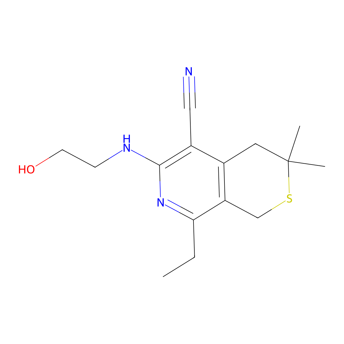 8-Ethyl-6-(2-hydroxyethylamino)-3,3-dimethyl-1,4-dihydrothiopyrano[3,4-c]pyridine-5-carbonitrile molecular structure, CAS 372180-90-0