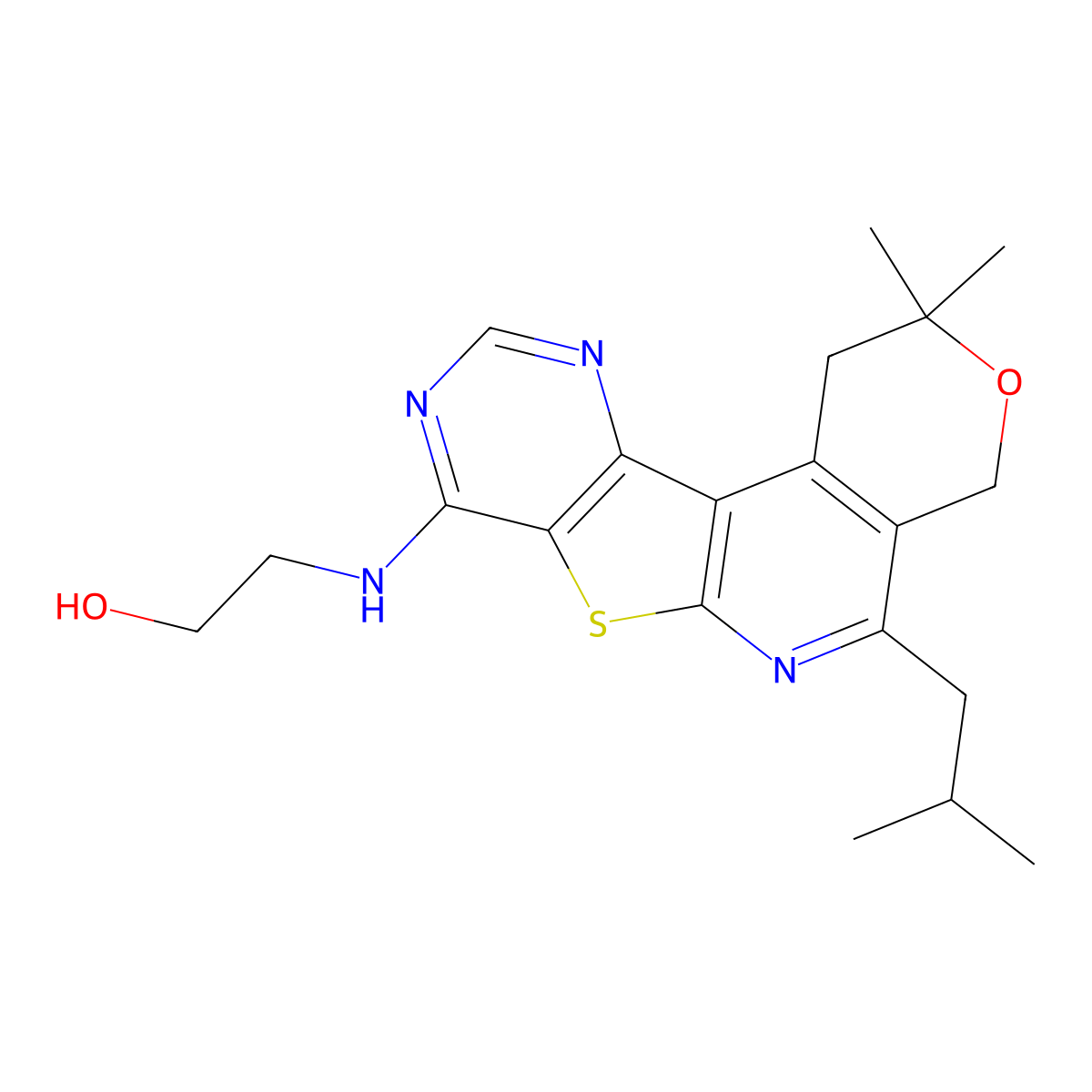 2-((5-Isobutyl-2,2-dimethyl-1,4-dihydro-2H-pyrano[4'',3'':4',5']pyrido[3',2':4,5]thieno[3,2-d]pyrimidin-8-yl)amino)ethan-1-ol molecular structure, CAS 372182-94-0