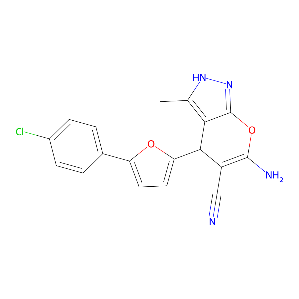 6-Amino-4-[5-(4-chlorophenyl)-2-furyl]-3-methyl-1,4-dihydropyrano[2,3-c]pyrazole-5-carbonitrile molecular structure, CAS 372185-59-6