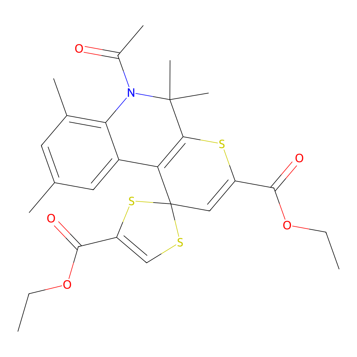 Diethyl 6'-acetyl-5',5',7',9'-tetramethyl-5',6'-dihydrospiro[1,3-dithiole-2,1'-thiopyrano[2,3-c]quinoline]-3',4-dicarboxylate molecular structure, CAS 372185-76-7