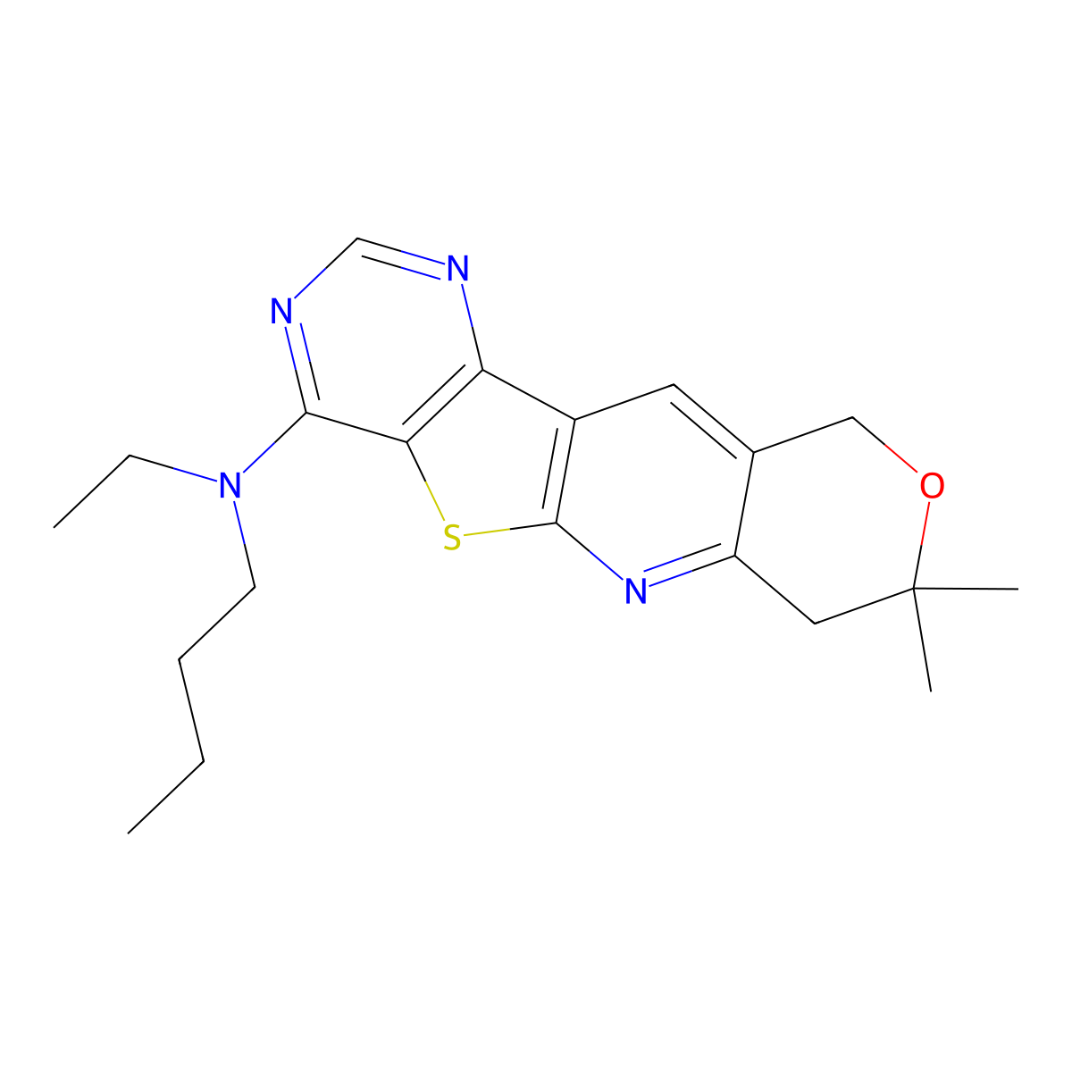 N-butyl-N-ethyl-8,8-dimethyl-8,10-dihydro-7H-pyrano[3'',4'':5',6']pyrido[3',2':4,5]thieno[3,2-d]pyrimidin-4-amine molecular structure, CAS 372493-53-3