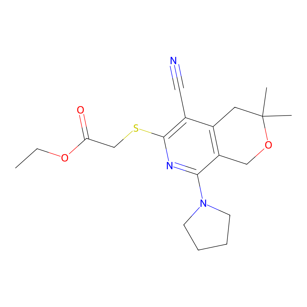 ethyl {[5-cyano-3,3-dimethyl-8-(pyrrolidin-1-yl)-3,4-dihydro-1H-pyrano[3,4-c]pyridin-6-yl]sulfanyl}acetate molecular structure, CAS 372494-65-0