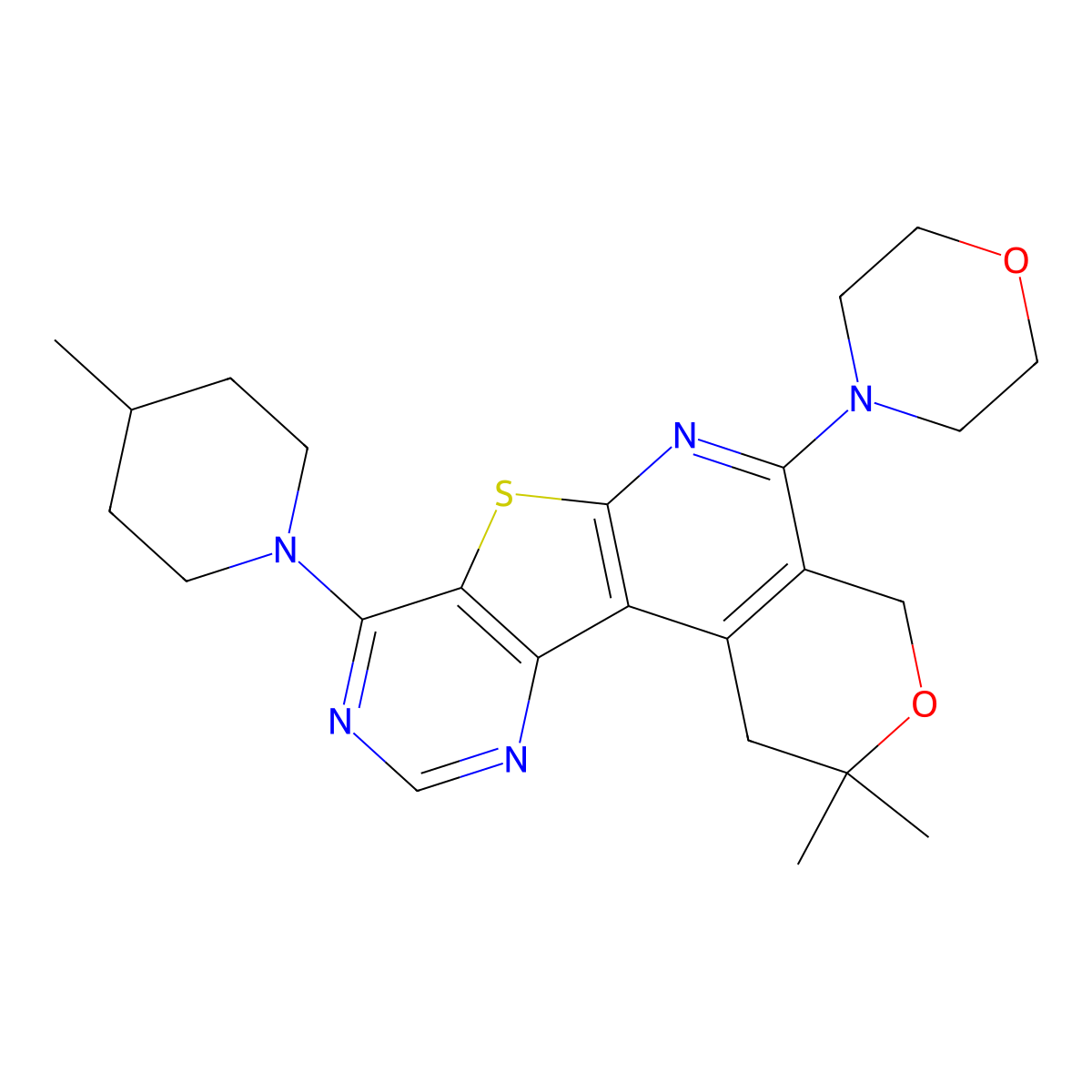 2,2-dimethyl-8-(4-methylpiperidin-1-yl)-5-morpholino-2,4-dihydro-1H-pyrano[4'',3'':4',5']pyrido[3',2':4,5]thieno[3,2-d]pyrimidine molecular structure, CAS 372494-96-7
