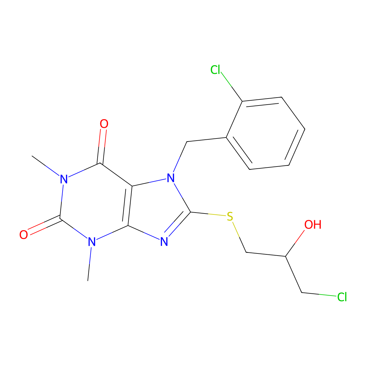 8-(3-Chloro-2-hydroxypropyl)sulfanyl-7-[(2-chlorophenyl)methyl]-1,3-dimethylpurine-2,6-dione molecular structure, CAS 372496-17-8