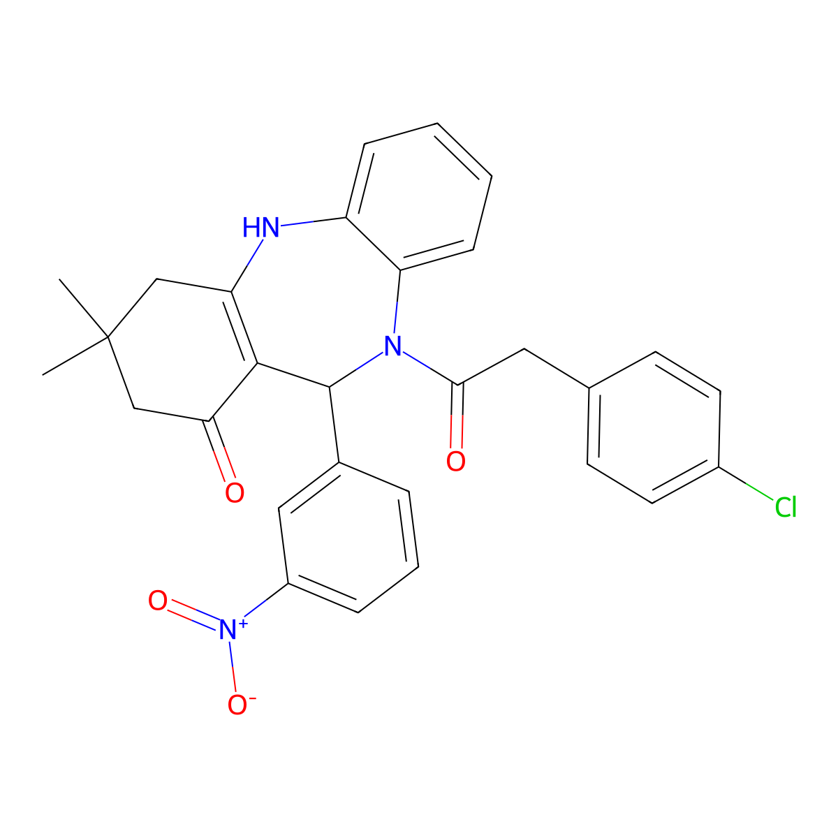 5-[2-(4-Chlorophenyl)acetyl]-9,9-dimethyl-6-(3-nitrophenyl)-6,8,10,11-tetrahydrobenzo[b][1,4]benzodiazepin-7-one molecular structure, CAS 372497-39-7