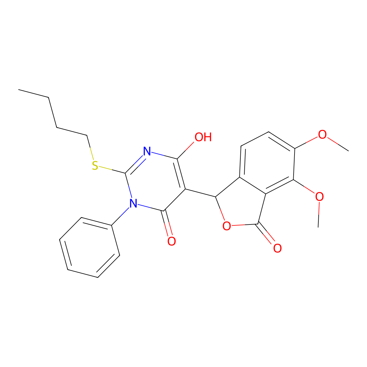 2-(butylsulfanyl)-5-(4,5-dimethoxy-3-oxo-1,3-dihydro-2-benzofuran-1-yl)-6-hydroxy-3-phenylpyrimidin-4(3H)-one molecular structure, CAS 372497-54-6