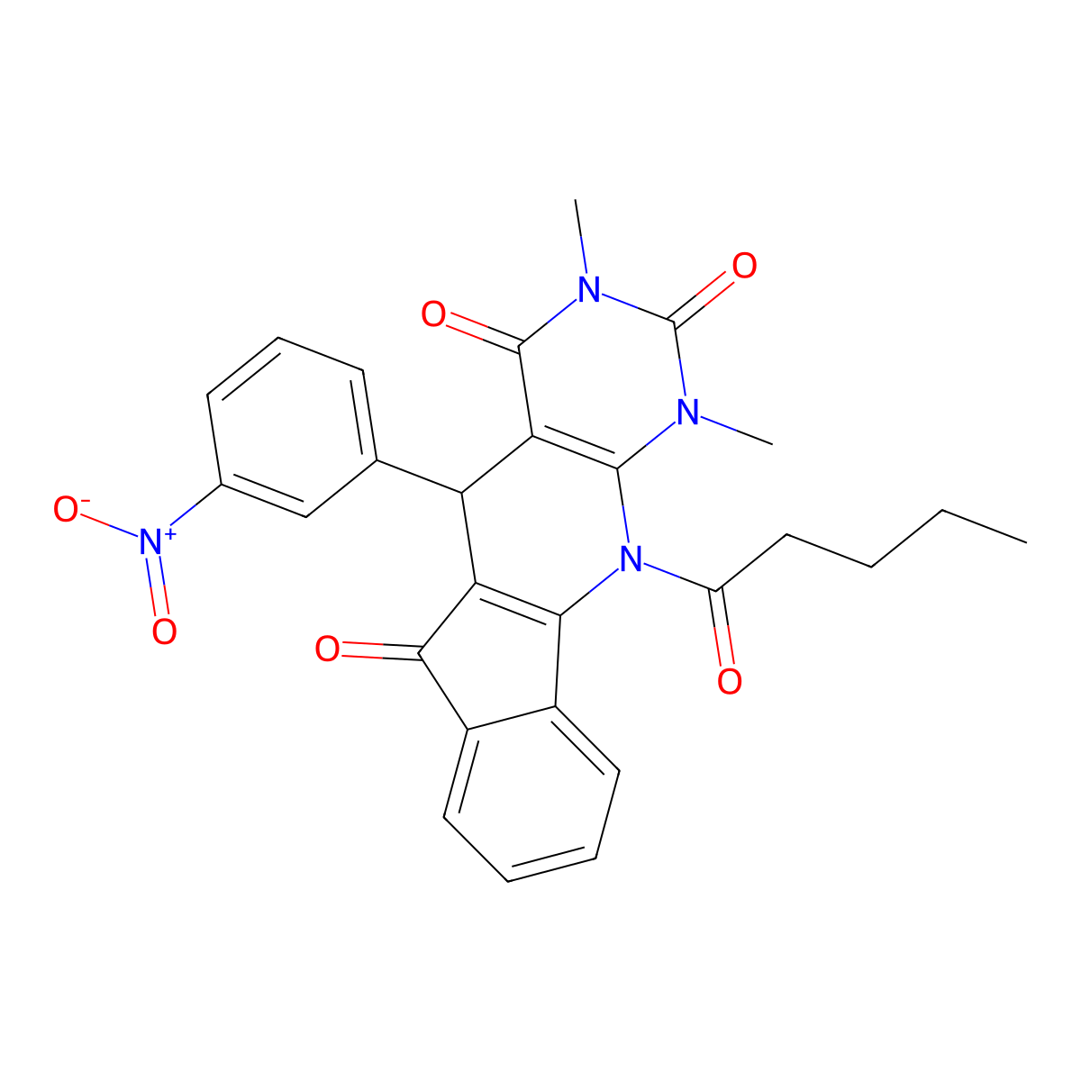 1,3-dimethyl-5-(3-nitrophenyl)-11-pentanoyl-5,11-dihydro-1H-indeno[2',1':5,6]pyrido[2,3-d]pyrimidine-2,4,6(3H)-trione molecular structure, CAS 372498-14-1