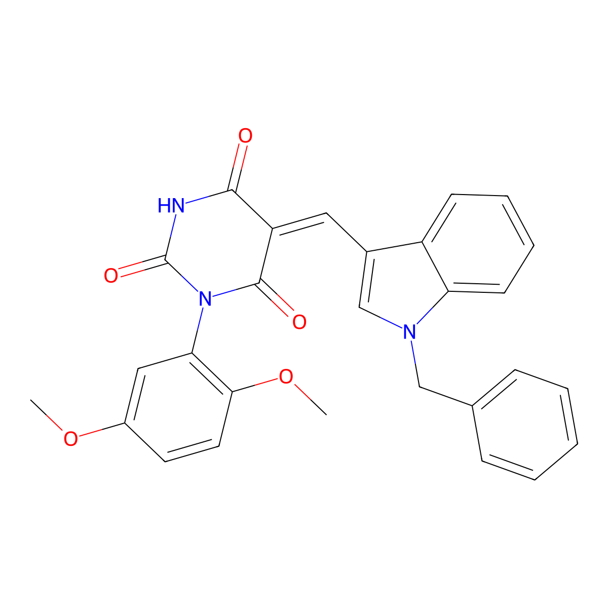 1-(2,5-Dimethoxyphenyl)-5-[[1-(phenylmethyl)-1H-indol-3-yl]methylene]-2,4,6(1H,3H,5H)-pyrimidinetrione molecular structure, CAS 372498-51-6