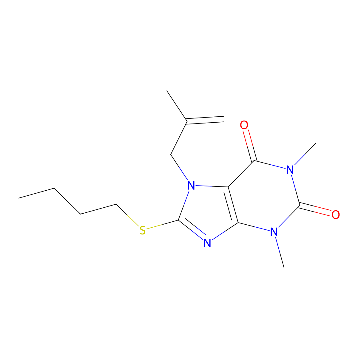 8-(butylsulfanyl)-1,3-dimethyl-7-(2-methylprop-2-en-1-yl)-2,3,6,7-tetrahydro-1H-purine-2,6-dione molecular structure, CAS 372500-31-7