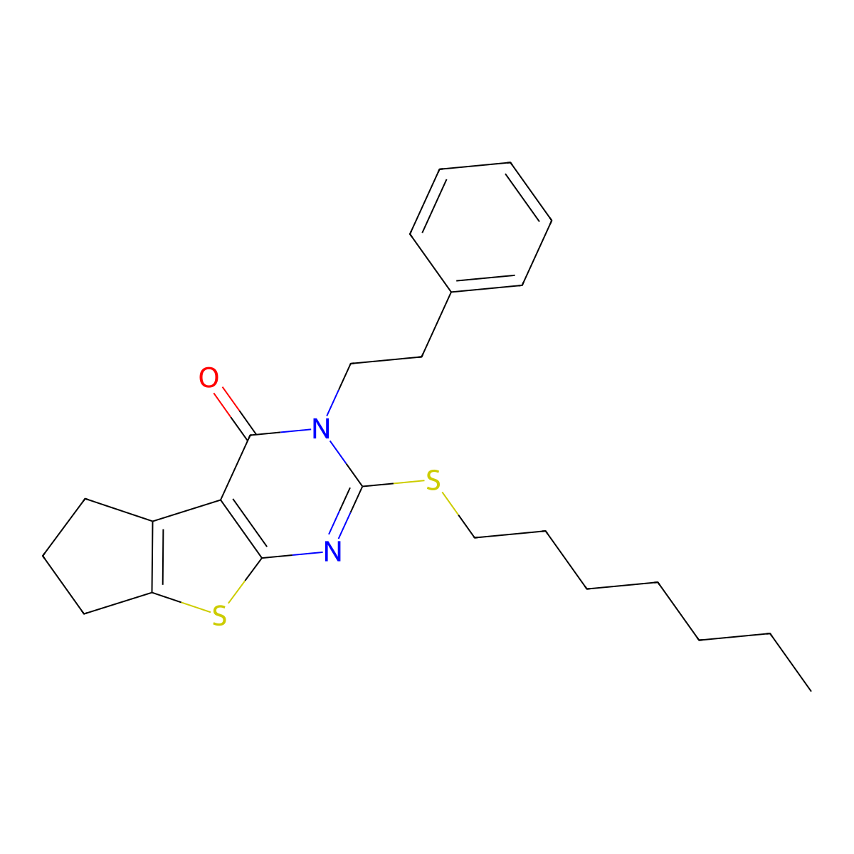 2-(heptylsulfanyl)-3-(2-phenylethyl)-3,5,6,7-tetrahydro-4H-cyclopenta[4,5]thieno[2,3-d]pyrimidin-4-one molecular structure, CAS 372500-99-7