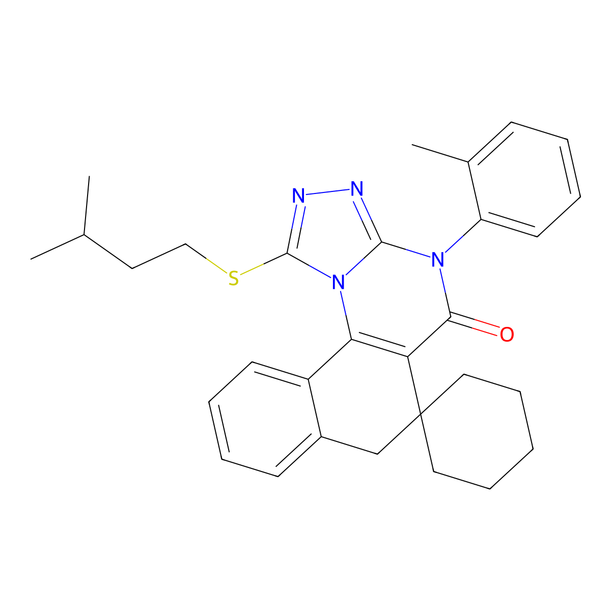 1-(isopentylsulfanyl)-4-(2-methylphenyl)-6,7-dihydrospiro(benzo[h][1,2,4]triazolo[4,3-a]quinazoline-6,1'-cyclohexane)-5(4H)-one molecular structure, CAS 372502-27-7