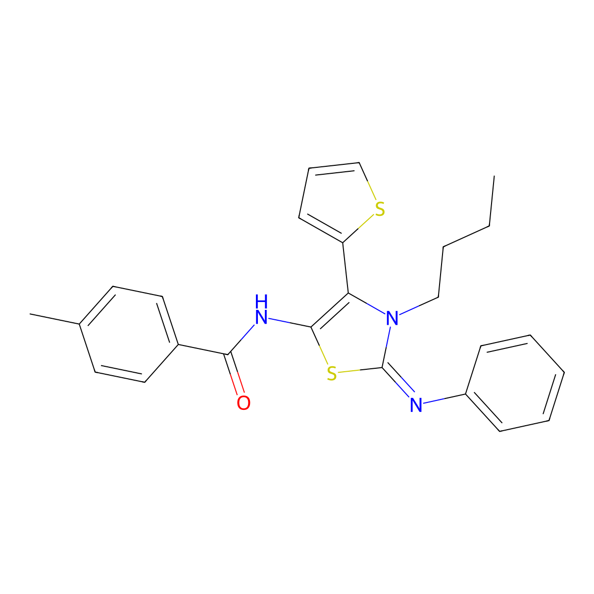 N-[(2Z)-3-butyl-2-(phenylimino)-4-(thiophen-2-yl)-2,3-dihydro-1,3-thiazol-5-yl]-4-methylbenzamide molecular structure, CAS 372503-78-1