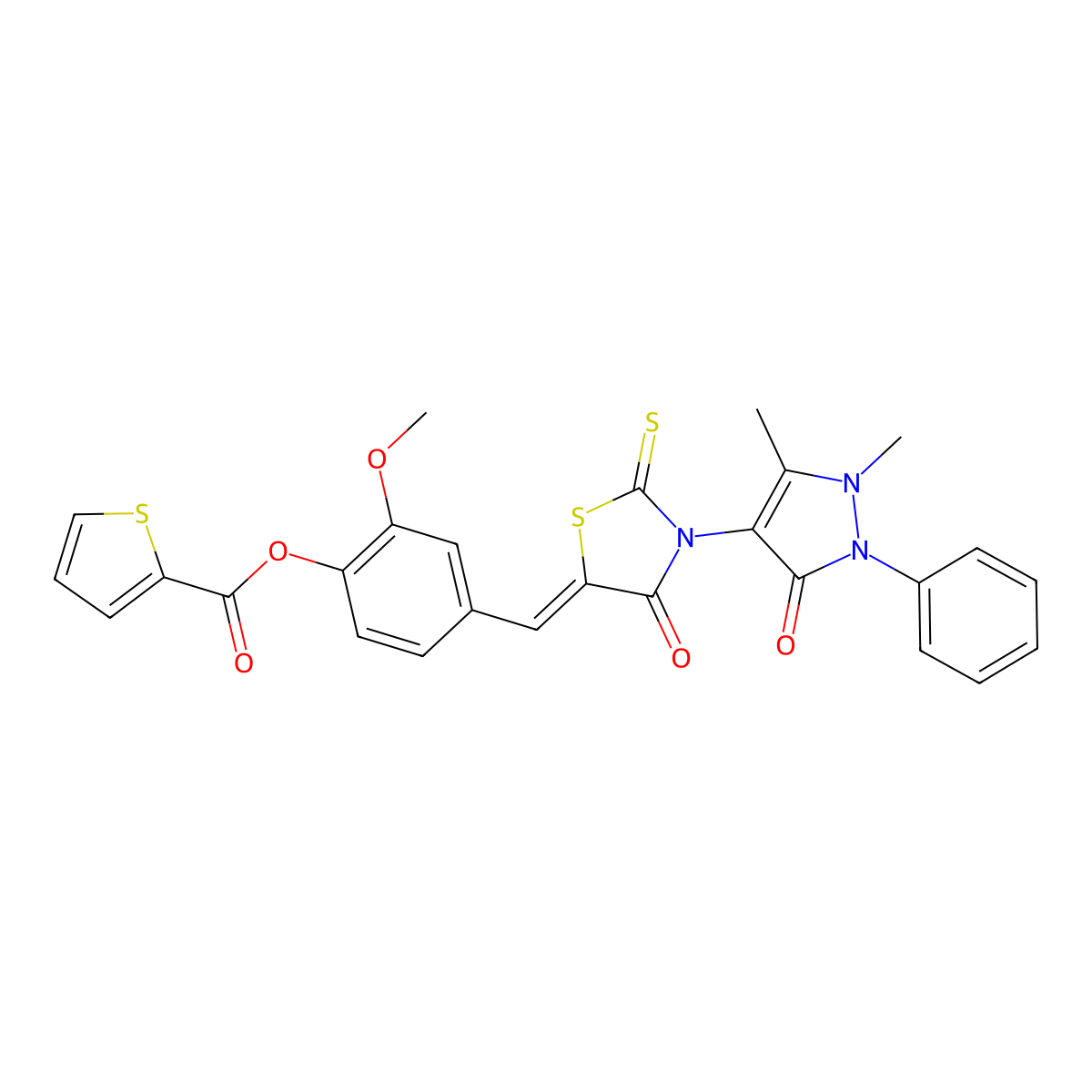 [4-[(E)-[3-(1,5-dimethyl-3-oxo-2-phenylpyrazol-4-yl)-4-oxo-2-sulfanylidene-1,3-thiazolidin-5-ylidene]methyl]-2-methoxyphenyl] thiophene-2-carboxylate molecular structure, CAS 372505-20-9