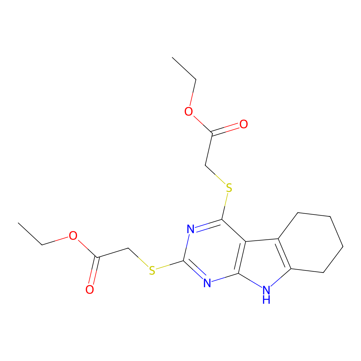 diethyl 2,2'-((6,7,8,9-tetrahydro-5H-pyrimido[4,5-b]indole-2,4-diyl)bis(sulfanediyl))diacetate molecular structure, CAS 372506-01-9