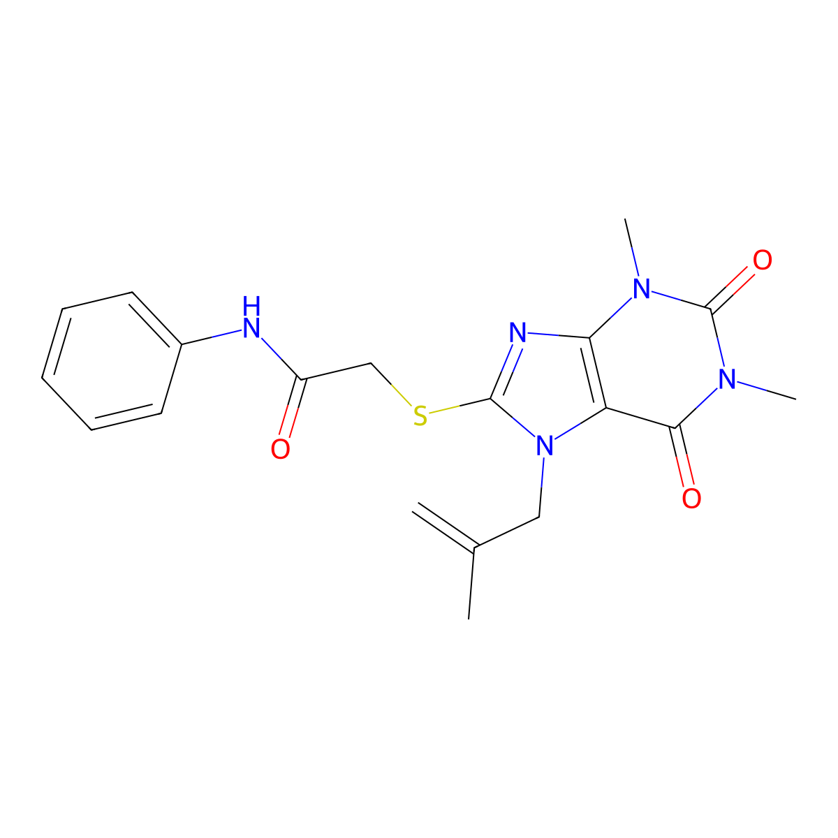 2-{[1,3-dimethyl-7-(2-methylprop-2-en-1-yl)-2,6-dioxo-2,3,6,7-tetrahydro-1H-purin-8-yl]sulfanyl}-N-phenylacetamide molecular structure, CAS 372506-22-4