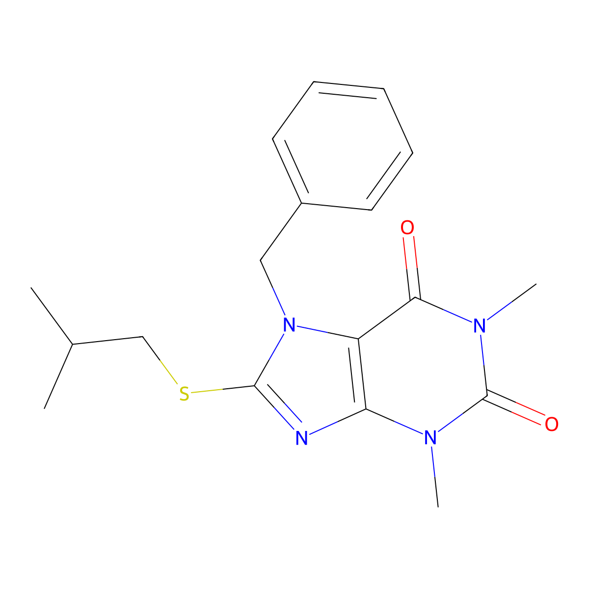 7-benzyl-8-(isobutylthio)-1,3-dimethyl-3,7-dihydro-1H-purine-2,6-dione molecular structure, CAS 372507-85-2